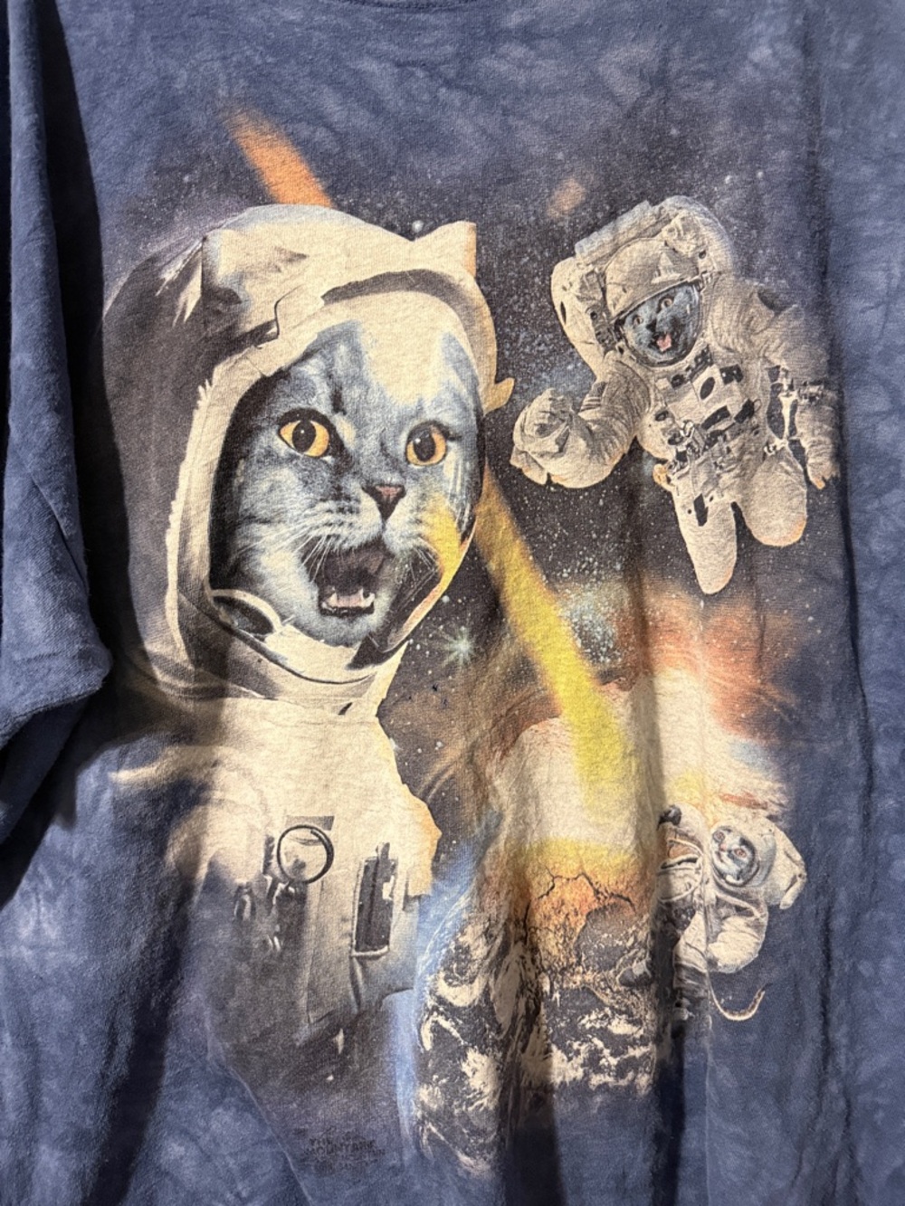 Space Cat Graphic Tee in Navy Blue with Yellow Accents